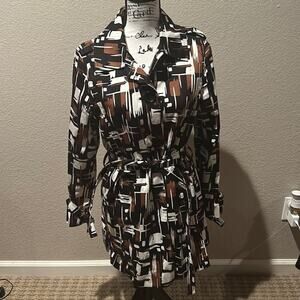 Appraisal Retro style tie front Trench Rain Coat Black Brown White Abstract sz M